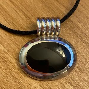 Vintage Mexico 925 Sterling silver onyx pendant on a black cord